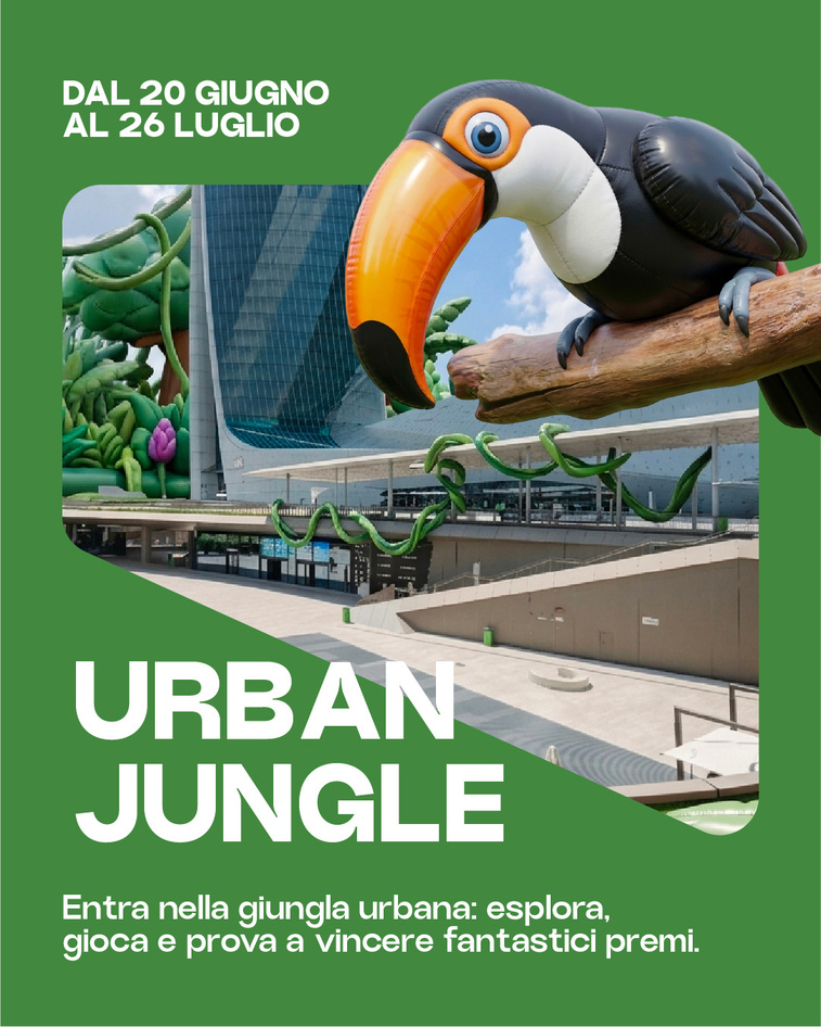 installazione verde tra le torri, famiglie che esplorano